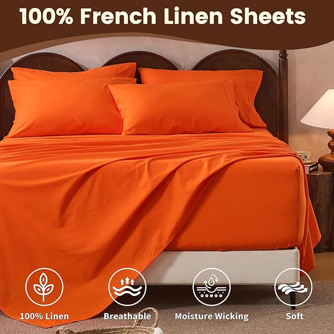 100% Linen Sheet Set Cal King Size Extra Deep Pocket Fits 18-24 Inch Mattress, Breathable & Soft, Smooth 6-Piece Set for Thick Mattresses Hotel Luxury Bedding（Cal King, Orange）