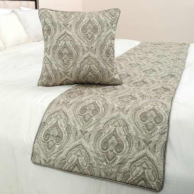 The HomeCentric King/Queen/Twin Grey Decorative King 90"x18" Bed Runner with 2 Pillow Cover, Quilted, Damask& Gold Zari Embroidery Bed Scarf on Silk Fabric - Winifred
