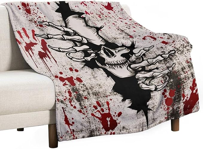 Horror Skull Throw Blanket, Halloween Day of The Dead Vintage Gothic Scary Blood Hand Soft Warm Fleece Blanket for Bed Couch Living Room All Season, 60"x80"