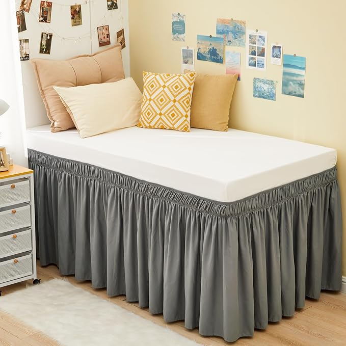 RIMELA Dorm Bed Skirt Twin XL 18 Inch Drop, Extra Long Wrap Around Elastic Bed Skirts Easy to Put On Twin Size Dust Ruffle, Gray Bedskirt for Adjustable Bed Base Solid Silky Fabric Machine Washable