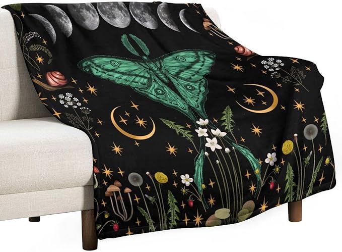 Moon Phase Moth Blanket, Vintage Botanical Mushroom Wildflower Gothic Night Moonlit Mysterious Witchy Throws Blanket for Sofa Bed Couch Chair, 60"x80"