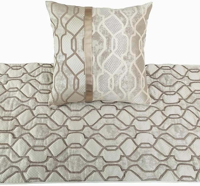 The HomeCentric King/Queen/Twin Ivory & Silver Decorative King 90"x18" Bed Runner with 2 Pillow Cover, Lattice & Quilted Bed Scarf on Jacquard Silk Fabric - Ivory Delicacy