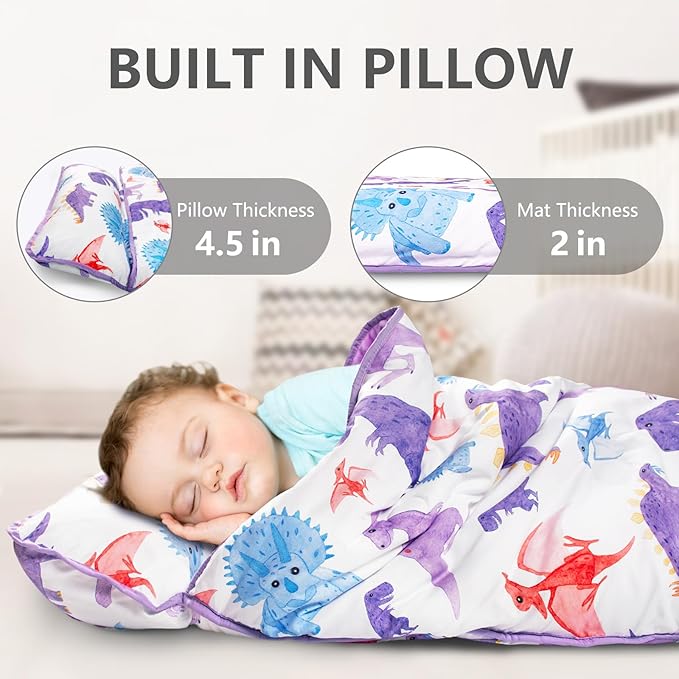 Primlect Thickened Toddler Nap Mat with Removable Pillow and Minky Blanket, Extra Large 55''x35'' Sleeping Bag, Washable, Roll up, Perfect for Daycare, Preschool, Kindergarten, Boys and Girls Dinosaur
