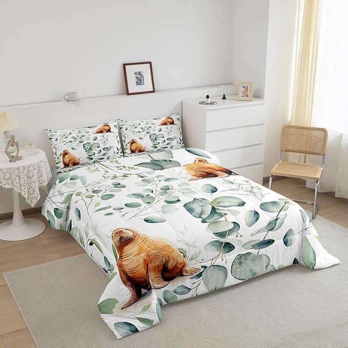 Erosebridal Cartoon Seal Bedding Queen Size Toddler Ocean Wildlife Comforter Set Queen, Spring Plant Duvet Insert Eucalyptus Leaf Quilt Set, Sea Animal Theme Bedding Comforters & Sets Kids Room Decor