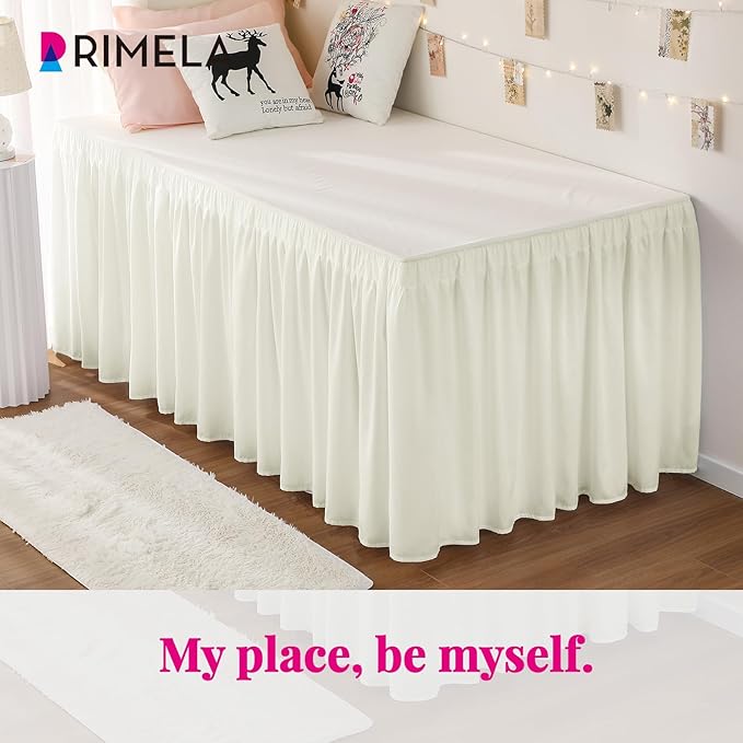 RIMELA Dorm Bed Skirt Twin XL 46 Inch Drop, Easy to Install Extra Long Wrap Around Elastic Dust Ruffle, Cream Bedskirt Solid Silky Fabric (Twin XL 80“L x 39”W & Twin 75“L x 39”W)