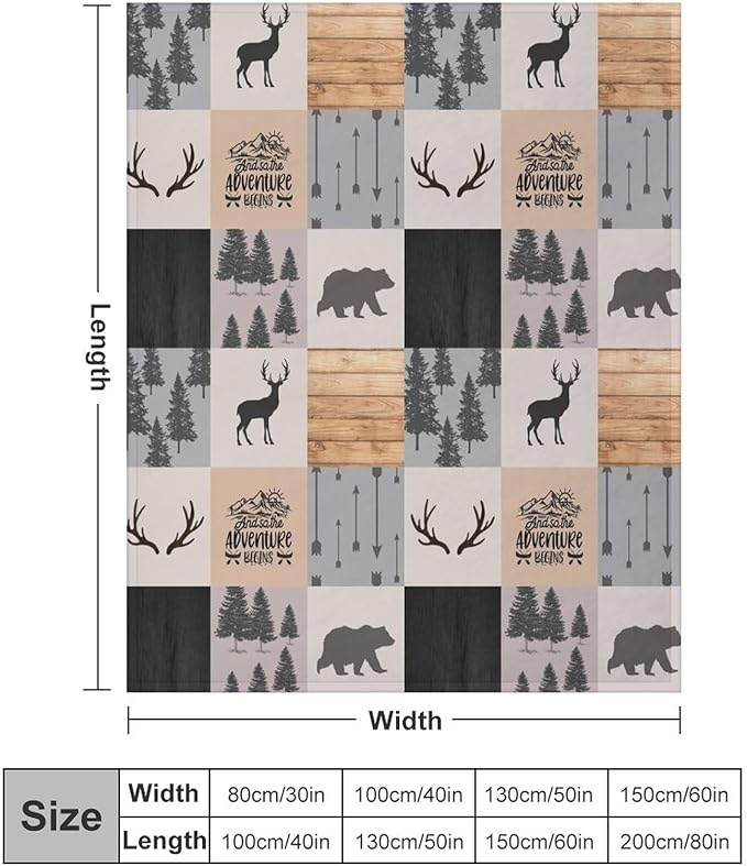 Rustic Cabin Throw Blanket, Retro Camping Bear Deer Farmhouse Wildlife Tree Forest Brown Gray Print Warm Flannel Blanket for Bedroom Camping Travel, 40"x50"