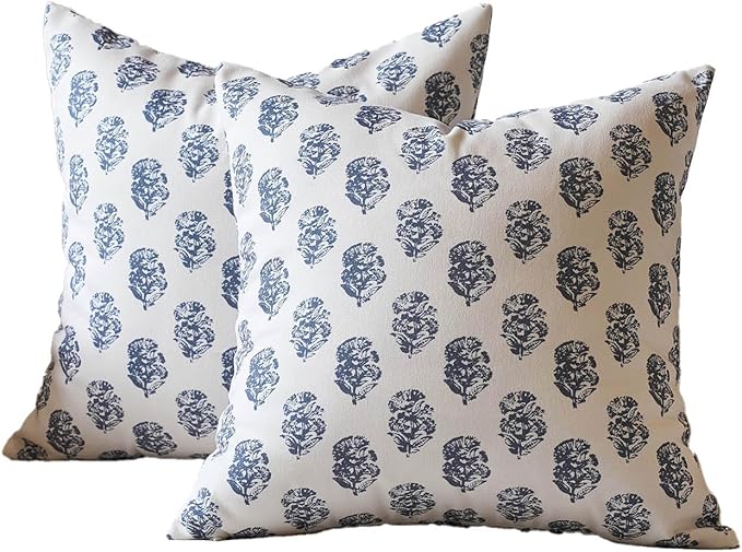 DOMVITUS Set of 2 Floral Pillow Covers 24x24, Block Print Pillow Covers Vintage Neutral Decorative Farmhouse Throw Pillow Covers for Couch Bed Living Room Dusty Blue