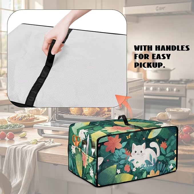 Air Fryer Toaster Oven Dust Cover Protective Convection Oven Cover with Pockets and Handle for Kitchen Countertop, M, 16.5 x 20.5 x 10 Inches, White Cat Green Leaf Flower