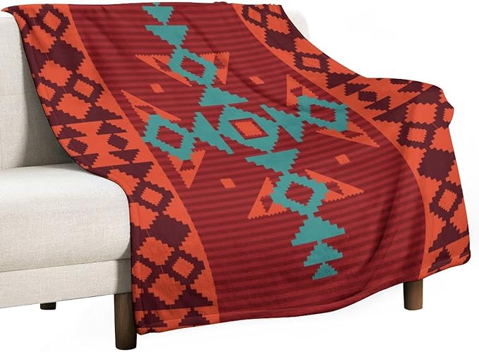 Aztec Throw Blanket, Red Native Southwestern Boho Blanket for Couch Bed Chair Outdoor Travel 60"x80"