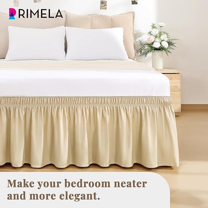 RIMELA Beige White Bed Skirt Queen Size 18 Inch Drop, Elastic Bed Skirting for Bed Base and Frame, Bedding Dust Ruffle Easy to Install, Lightweight Wrap Around Adjustable Bedskirt
