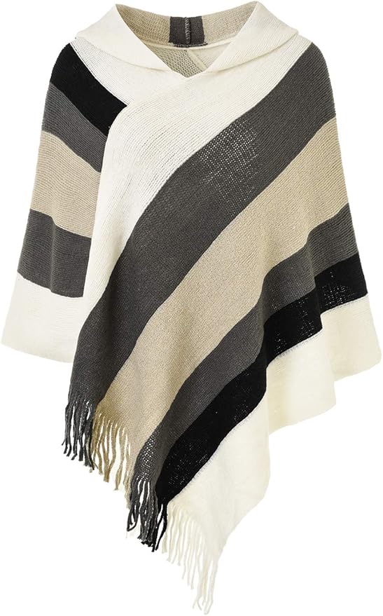 Ferand Women's Striped Poncho Sweater Cozy Knit Fringe Shawl Wraps for Fall Winter