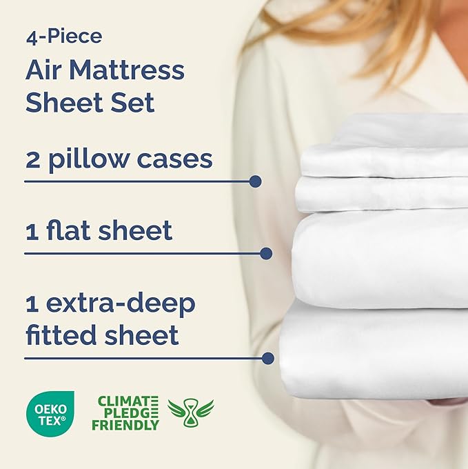 Air Mattress Sheet Set for King Size - 4 Piece Breathable & Cooling Sheets w/Extra Deep Pockets - Fits Inflatable & Blow Up Air Mattresses Up to 24 Inches Thick - Ultra Soft & Wrinkle Free - White