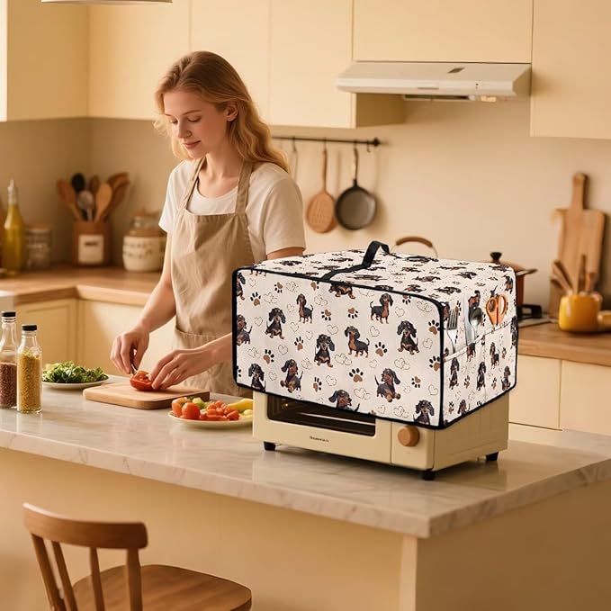 Dachshund Dog Heart Paw Print Toaster Oven Cover with Storage Bags Waterproof Dust Cover for Microwave Oven Polyester-Linen Fabric Small Appliance Dust Covers Fits Most Microwaves, L