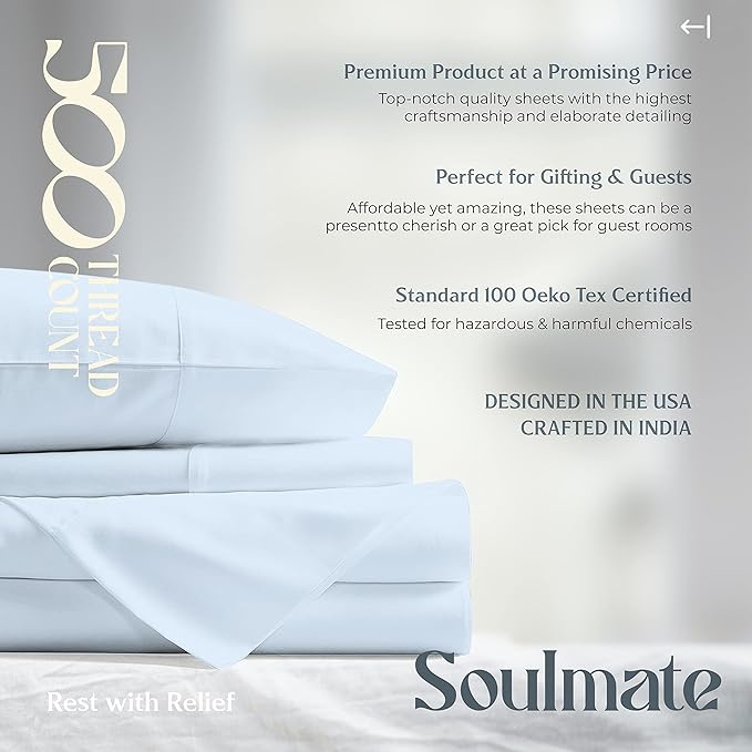 Mayfair Linen 100% Cotton Bed Sheets California King Sheet Set - 500 Thread Count Sheets Cal King Size 4 PC Set (Light Blue), Soft, Cooling, 16" Deep Pocket Sateen Cotton Bedsheet for Hot Sleepers