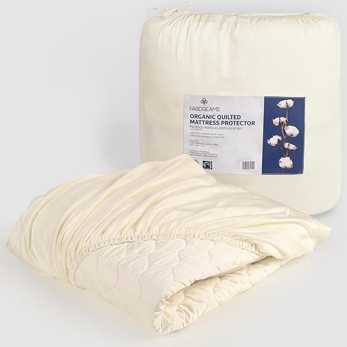 FABDREAMS Organic Quilted Mattress Protector Queen Size | Mattress Pad| Mattress Cover| Naturally Breathable | Noiseless| Fits up to 17" Deep Pocket| Temperature Regulating | Ivory