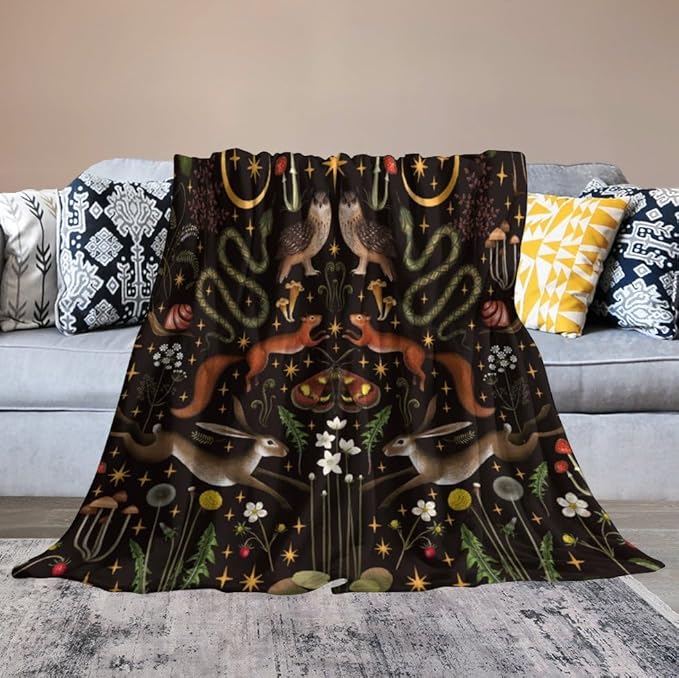 Rustic Forest Throw Blanket, Fairy Tale Forest Land Wild Animals Moths Flowers Moon Star Soft Flannal Blanket for Adult Kids Bed Couch Sofa, 50"x60"