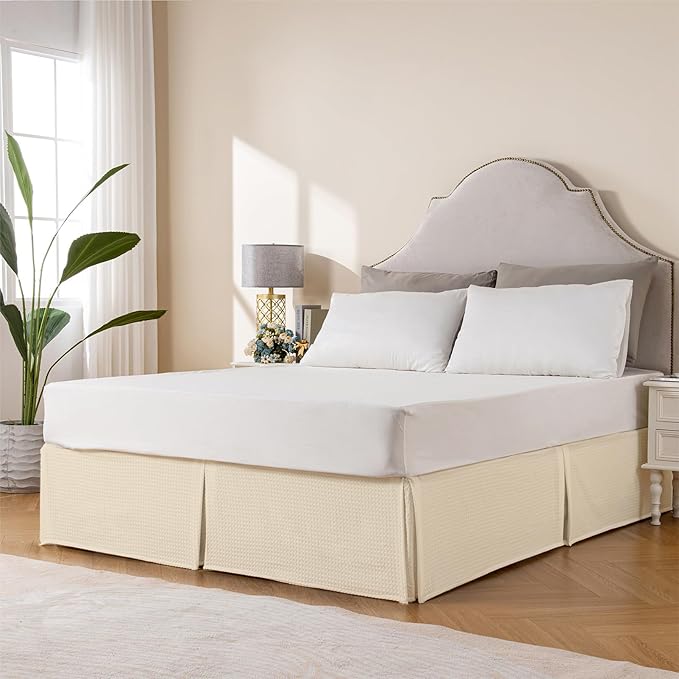 MIYE Pleated Waffle Weave Bed Skirt, Tailored Dust Ruffle 12 Inch Drop Easy Fit, Machine Washable,No Split Corners (Light Beige, King - 12" Drop)