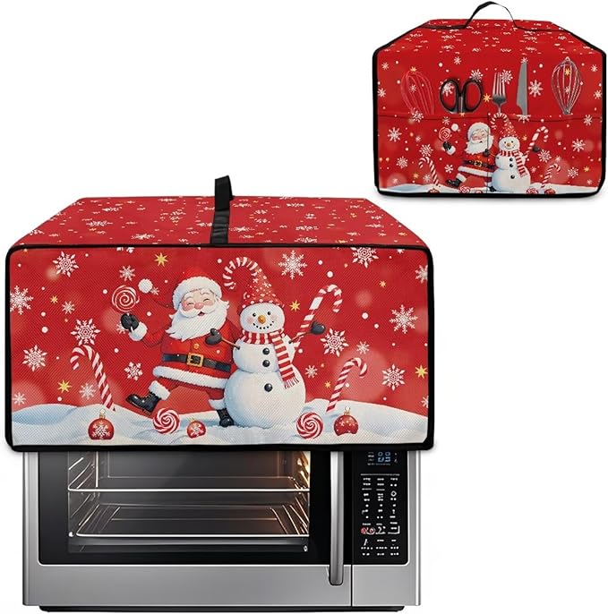 Christmas Toaster Oven Dust Cover Dustproof Smart Oven Air Fryer Microwave Cover with Side Pockets, Electric Appliance Protector for Kitchen, M, Santa Claus Snowman Candy Cane Red