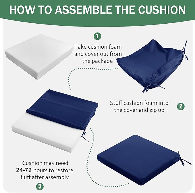 Outdoor Chair Cushions Set of 6: Waterproof & Fade Resistant Seat Cushion for Patio Furniture - 19 x 19 x 2 Inch Chair Pads with Ties and Hidden Zipper - Patio Chair Cushion Replacement, Navy