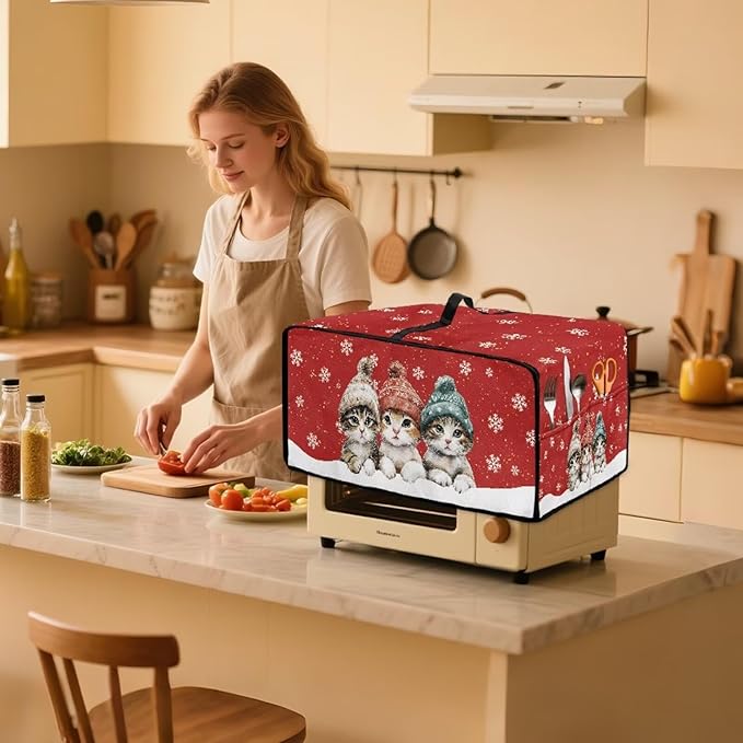Toaster Oven Cover Dustproof Protective Countertop Convection Oven Cover with Side Pockets for Christmas Holiday Decorations, S, 14.5 x 18.5 x 9 Inches, Cat Snowflake Red