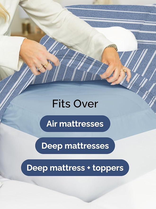 Extra Deep Twin XL Fitted Sheet - Hotel Luxury Single Fitted Sheet Only - Easily Fits 18 inch to 24 inch Mattress - Ultra Soft, Wrinkle Free w/Extra Deep Pockets - Breathable & Comfy - Blue Stripes