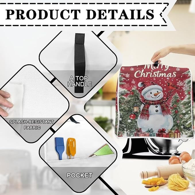 Merry Christmas Stand Mixer Cover Red Snowman Small Appliance Dust Covers For Kitchen Counter Washable Dustproof Cloth Cover for 4.5-5 Quart Mixers Christmas Kitchen Decor