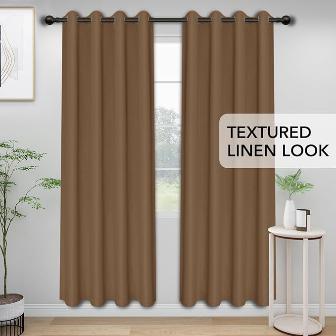Easy-Going Linen Look Blackout Curtain Grommet Window Curtain Drapes for Bedroom, Living Room Thermal Insulated Room Darkening (2 Panels, 52x96 inch, Brown)