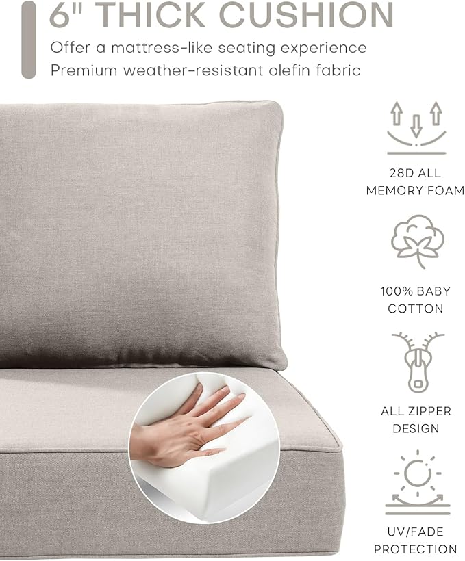 Luxury 24x24x6 Inch Outdoor Chair Cushions - Set of 2 Water Resistant Comfortable Patio Seat Cushion for Porch Set Rattan Dining Rocker Glider Chairs Loveseat Couch Sectional Sofa - Beige