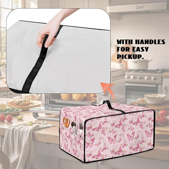 Pink Butterfly Print Microwave Oven Dust Cover Polyester-Linen Fabric Dust Cover for Microwave Oven Universal Dust-Proof Kitchen Appliance Protector Fits Most Microwaves, L