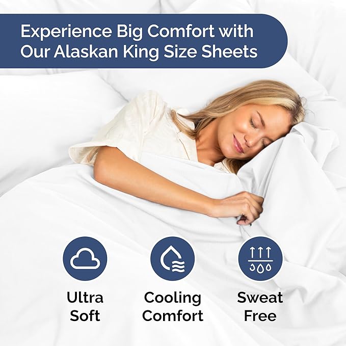 Alaskan King Sheets 108 x 108 – 4 Piece Luxury Alaskan King Sheet Set – Fits 10” to 16” Deep Pocket Alaskan King Fitted Sheet – Extra Large Oversize Fitted Sheet - Perfect for Family Beds