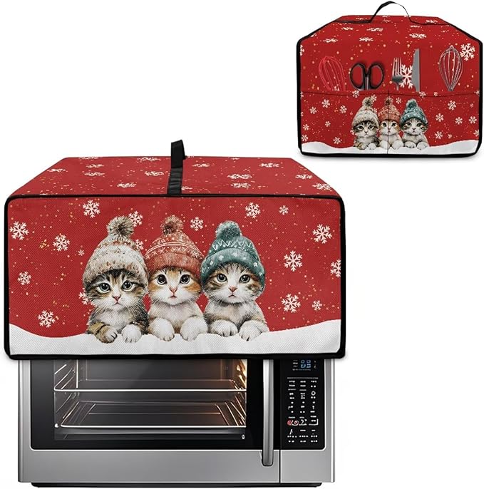 Toaster Oven Cover Dustproof Protective Countertop Convection Oven Cover with Side Pockets for Christmas Holiday Decorations, S, 14.5 x 18.5 x 9 Inches, Cat Snowflake Red