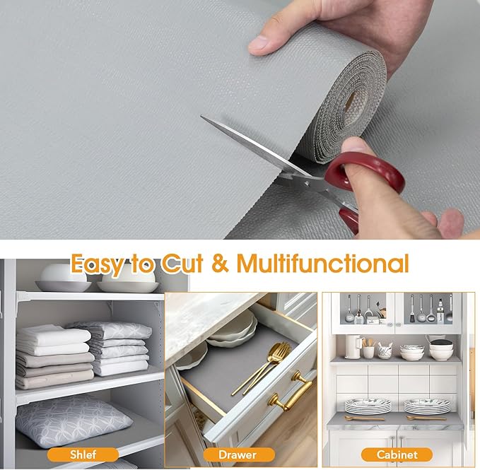 Shelf and Drawer Liner for Kitchen Cabinets Non-Adhesive, Strong Grip Non-Slip Thickened Cabinet Liners for Shelves, Waterproof Mats for Dresser Cupboard, Pure Gray, 12 in x 10 Feet