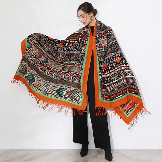 DANA XU 100% Merino Wool Pashmina Shawl for Women 96"x43", Oversized Cashmere Wrap with Tassels, Floral Travel Blanket Cape
