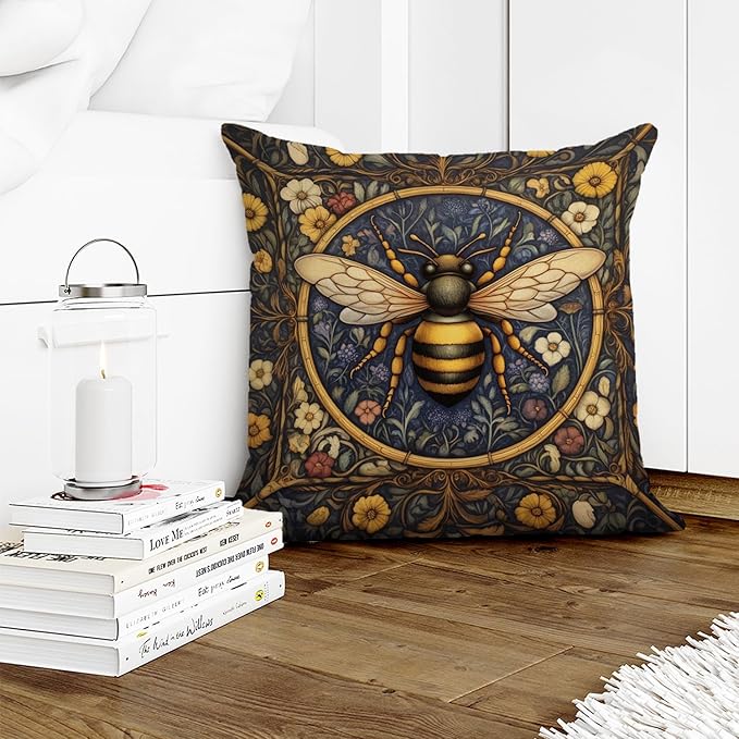 YOU FOUND ME William Morris Abstract Vintage Floral Velvet Butterfly Design Throw Pillow Covers Home Decor, Retro Art Deco Pillowcase Cushion Cover for Bed Sofa Living Room, Square 18x18inch (Bee)