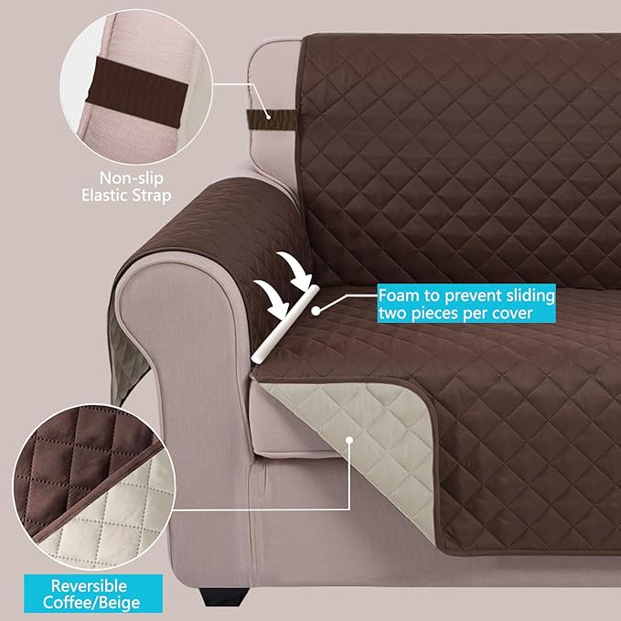 U-NICE HOME Reversible Sofa Cover Couch Cover for Dogs with Elastic Straps Water Repellent Furniture Protector for Pets Couch Cover for 3 Cushion Couch (Sofa, Coffee/Beige)
