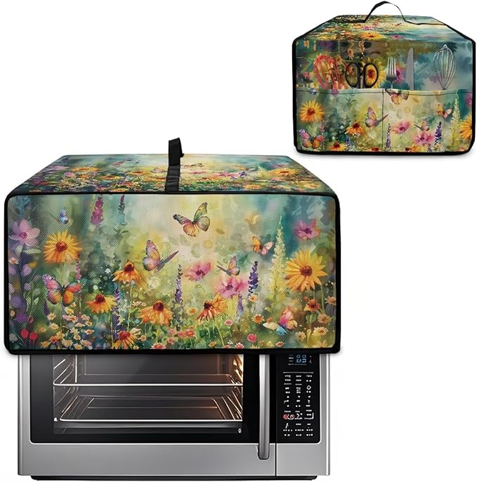 Microwave Oven Dust Cover with Storage Bags Waterproof Microwave Oven Grill Cover Protector Universal Reusable Decor Accessories for Kitchen, Vintage Daisy Sunflower Floral Butterfly Print, L