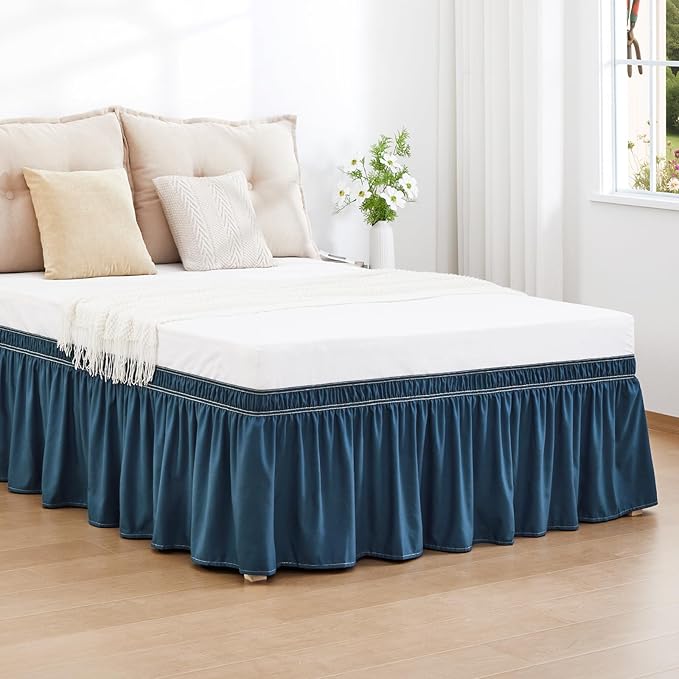 RIMELA Dusty Navy Bed Skirt King Size 18 Inch Drop, Wrap Around Elastic Bedskirt, Dust Ruffle for Adjustable Bed Base Machine Washable Easy to Install Bed Skirts