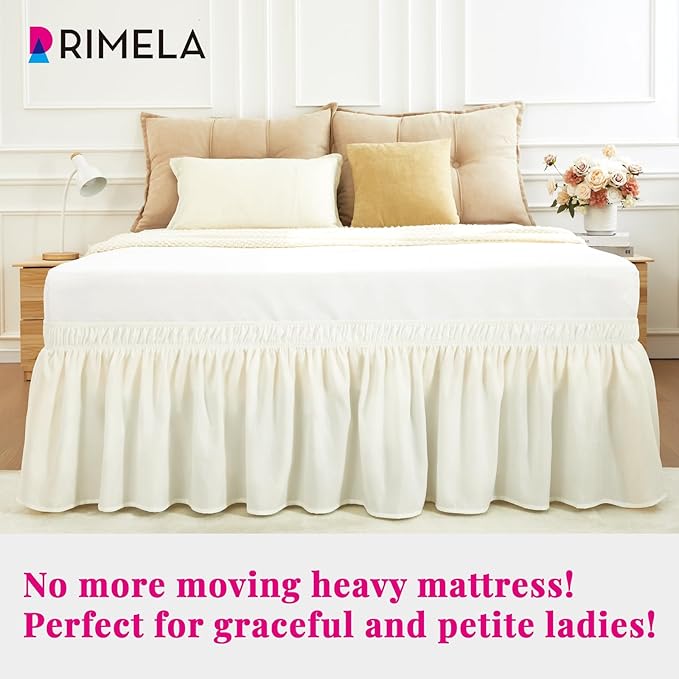 RIMELA Queen Bed Skirt 14 Inch Drop Cream, Wrap Around Elastic Bed Skirts Queen Size Dust Ruffle, Bedskirt for Adjustable Bed Base Solid Silky Fabric Machine Washable Easy to Install