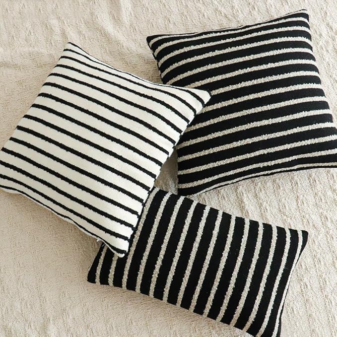 Jonhier Black Striped Lumbar Boho Throw Pillow Cover, Modern Boucle Textured Rectangle Pillowcase for Sofa Couch Bed, Neutral Farmhouse Accent Decorative Cushion Cover for Living Room, 12 x 20 inch