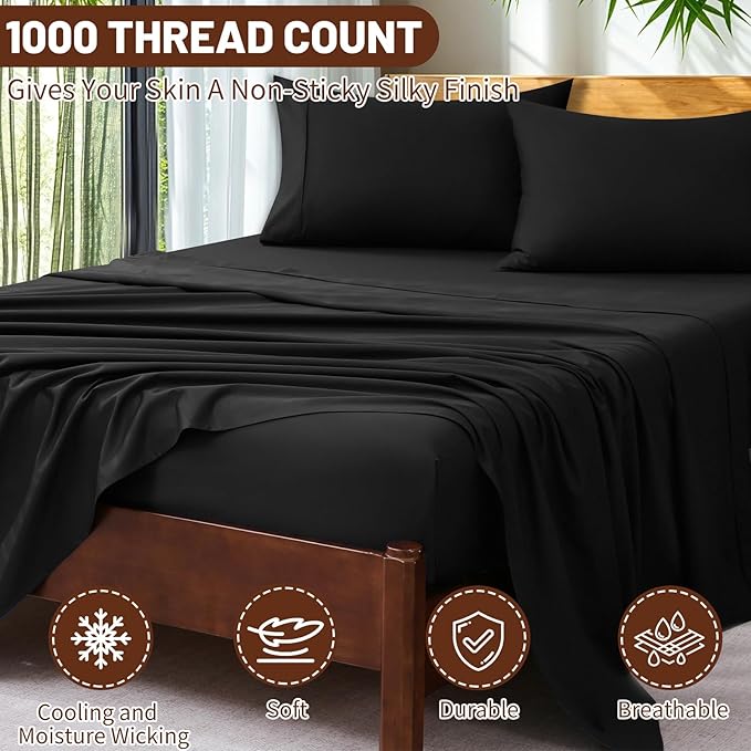 Extra Deep Pocket Queen Sheets 18-24 Inch 100% Egyptian Cotton 1000 Thread Count Sateen Weave Soft Breathable 4 Pieces（Queen,Black）