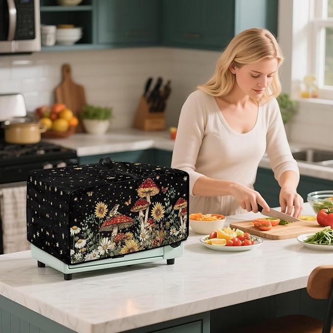 Microwave Oven Dust Cover Waterproof Toaster Oven Cover Foldable Polyester-Linen Small Appliance Dust Covers Suitable with Storage Bags, Mushroom Sunflower Daisy Star Butterfly Print, S