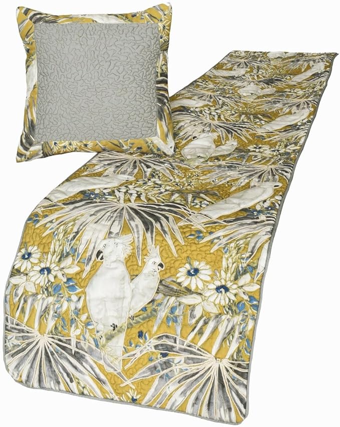 The HomeCentric King/Queen/Twin Grey & Yellow Decorative Twin 53"x18" Bed Runner Without Pillow Cover, Cockatoo Bird & Quilted Bed Scarf on Cotton Fabric - Cockatoo Love