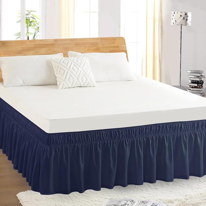 Twin Bed Skirt, Elastic Wrap Around Bed Skirt Twin Size, Bed Skirts for Adjustable Bed, Easy Fit with 14" Drop Length Tailored Drop Dust Ruffle (Navy)