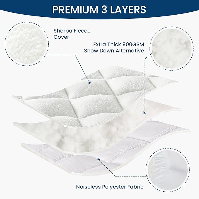 Mattress Topper Queen for Back Pain Thick Mattress Pad Cover Protector Sherpa Plush Pillow Top Down Alternative Fill Mattress Cover with 8-22 Inch Deep Pocket