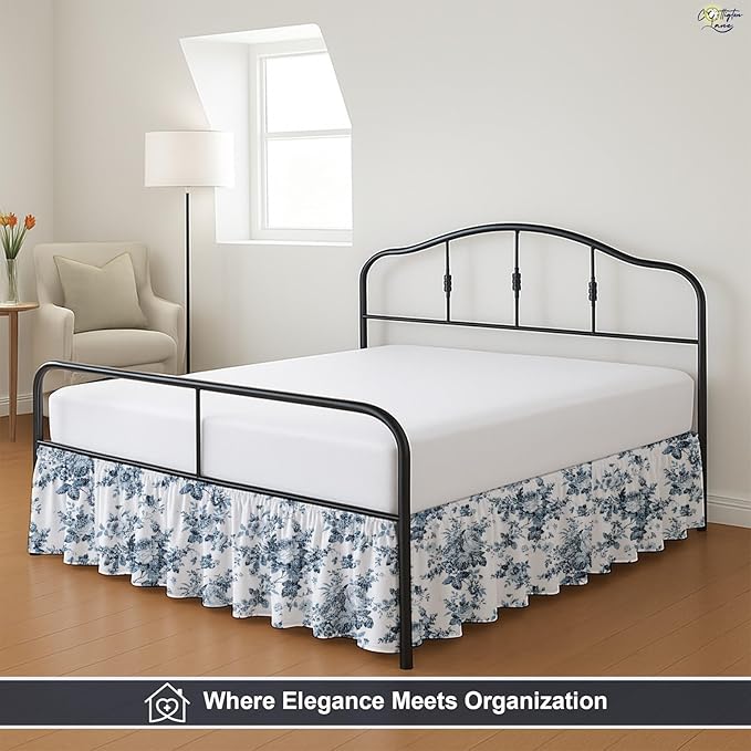 Cottington Lane Ruffled Bed Skirt Queen Size with Split Corner, Brushed Microfiber Hotel Quality Dust Ruffle, 21 Inch Drop Gathered Bedskirt, Soft, Stylish, Shrink & Fade Resistant, Blue Floral Bliss