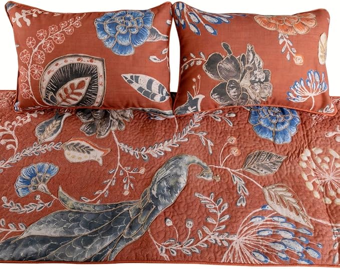 The HomeCentric Orange Bed Runner, Full Size 68"x18" Decorative Bed Runner with 2 Matching Pillow Cover, Rust or Orange Linen Bed Scarf in Quilted Peacock, Linen & Jute Embroidery - Peacock Soiree