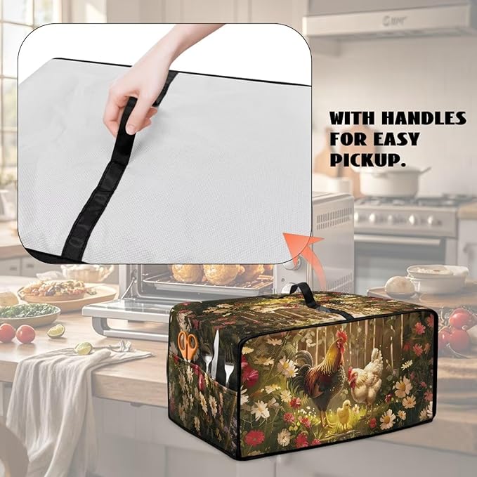 Air Fryer Toaster Oven Dust Cover with Side Pockets, Protective Countertop Microwave Oven Cover for Home Indoor Decor, L, 18.5 x 22.5 x 13 Inches, Rooster Chicken Daisy Print