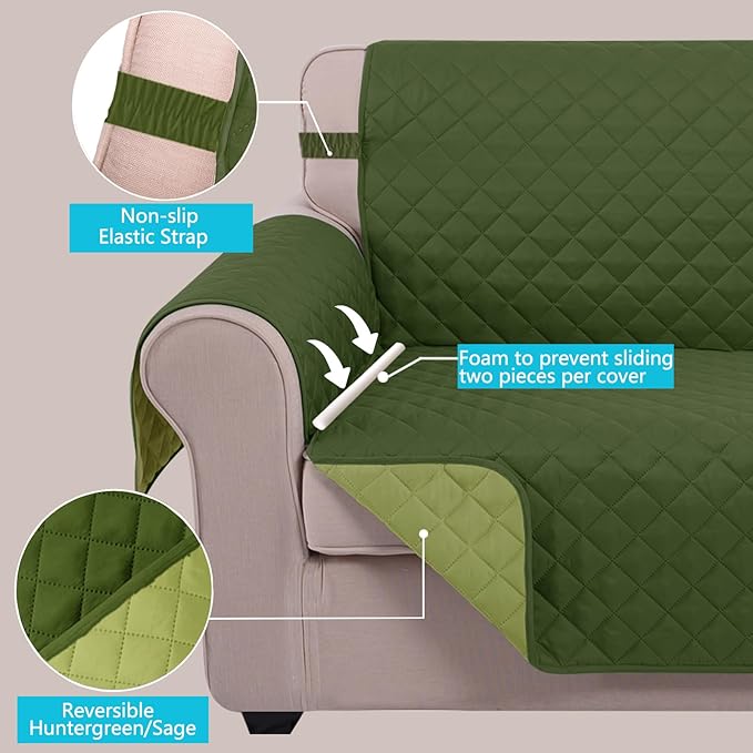 U-NICE HOME Recliner Chair Covers Reversible Chair Cover Pet Covers for Dogs with Elastic Straps Water Resistant Diamond Quilted (23''Recliner Small, Huntergreen/Sage)