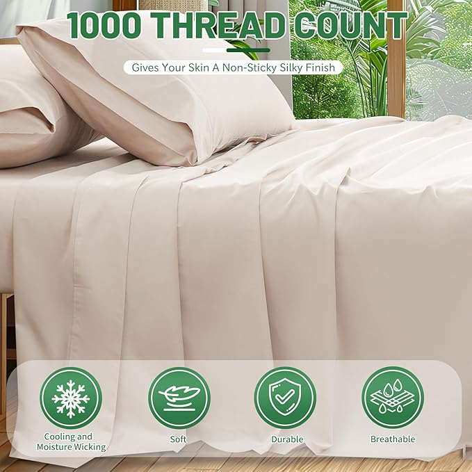 1000 Thread Count Egyptian Cotton Sheets Queen Size Set 4PCS Sateen Weave Soft Breathable 16-Inch Deep Pocket（Queen,Linen）