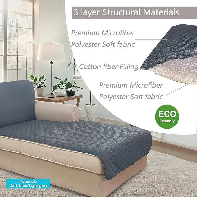 U-NICE HOME Sectional Couch Cover for Dogs Chaise Lounge Reversible Sofa Cover Furniture Protector Cover for Pets with Elastic Adjustable Strap (Chaise Lounge, Dark Blue/Light gre)
